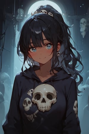 score_9, score_7_up, score_8_up, source_anime, 1girl, dark skinned female, solo,cute,skull costume, black hair,long hair, wavy hair, ponytail, busty,blue eyes,skull bodysuit,bones,skull,teasing expression,smile, blushing,front view,1e2,Expressiveh,dark theme,sfw, halloween party