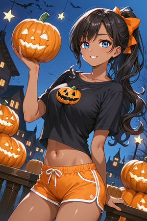 score_9, score_8_up, score_7_up, source_anime, (perfect anatomy:1.4), beautiful skin,
,//characters, 
1girl, dark skinned female, solo, black hair, long hair, wavy hair, ponytail, blue eyes, 
pumpkin tops, pumpkin Shorts,
,//situations,
HALLOWEEN2024
,//Pose
cute pose, dutch angle,
,/LoRA, beautiful_female_fingers, (4_fingers and 1thumb on hand), (perfect hand), (beautiful hands), perfect anatomy,