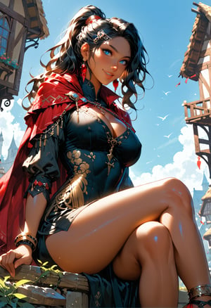 score_9, score_8_up, score_7_up, 2d, detailed background, medieval fantasy background, outdoors, concept art, 1girl, solo, (dark female:1.2), (dark skin:1.45), ruby earrings, ornately detailed royal long dress, black dress, thigh slit, thick fabric, long sleeves, (crimson cape:1.3), (ankle_bracelet:1.1), cleavage, curvy, big breasts, teardrop breasts, (nipple_outlines:1.2), wide hips, thick thighs, black hair, long wavy hair, ponytail, large hair, (beautiful face:1.2), (blue eyes:1.3), seductive eyes, light smile, shy, blush, natural lips, crossed_legs_(sitting), (knee_up:1.1), (face focus:1.3), [panties:0.1], fantasy medieval town, depth of field, (low angle:1.1), side angle