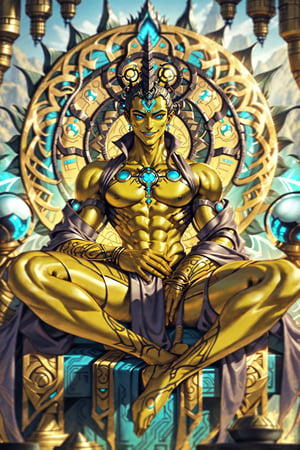 Viika sits on a magnifacent throne in a full-body shot, sleek and confident. His yellow-orange skin glistens with intricate circuitry-like etchings of ancient technology. Hindu-inspired clothing flows around his athletic physique, accentuating his toned muscles. Two gleaming robot orbs serve as eyes, humming with digital energy. A subtle smile plays on his chiseled lips, a stark contrast to the futuristic accessories adorning his body. His feet, a warm yellow-orange hue, stand bare and grounded amidst the modern trappings.,blue eyes