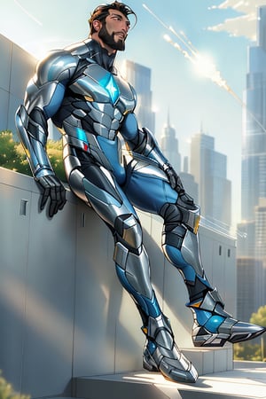 Full-body-shot of Davion standing strong, gazing upward into the distance ,He is 5'7", He has no hair on his face, illuminated by warm sunlight. The futuristic superhero costume, crafted from carbon-fibers and reflective metals, hugs his physique, showcasing no sleeves and a bold design. The shoes, with gleaming, seamlessly connect to the uniform's legs. As he raises his eyes, a radiant glow emanates from his pupils, firing shafts of white laser light into the sky, as if harnessing celestial energy.