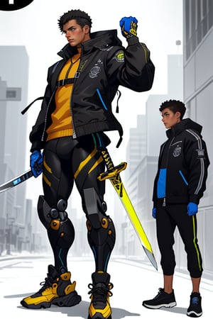 A dynamic figure of a Black male stands in warrior's pose, exuding confidence. He wears a sleek blue futuristic jacket with a striking yellow stripe running down his right arm. A massive mech-sword, adorned with flashing lights, rests against his leg. Beneath the jacket, he dons black and gray urban attire, featuring intricate straps on his cool shoes that also display colorful lights. His brown eyes gleam with intensity as he stands tall, ready to take on any challenge.