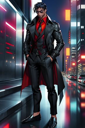 A sleek, high-tech operative Geldred H. Vanson stands confidently, framed against a cityscape's neon-lit backdrop. He wears a fitted black trench-coat with metallic accents, complemented by form-hugging tech pants and sleek loafers. A crisp red shirt and tie add a touch of sophistication beneath the coat's open folds. Cool shades and a hint of smirk complete his stylish ensemble. His dark brown skin glows warmly, while his black-male fade hairstyle and mustach and beard adds a subtle edge to this fashionable spy's overall demeanor.