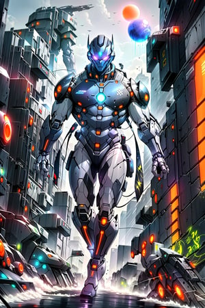 full-body shot of an extraterrestrial warrior  above a sprawling alien landscape. The subject's dark-gray futuristic face mask with orange glowing lights shining under the eerie violet glow emanating from his eye visor. His muscular physique is covered by the tight ultra futuristic battle mech suit with Tron_style glowing lights all over the suit, with sleek dark chrome metal mech-gear. the suit's colors are black, purple, and blue-chrome hues that seem to shimmer in contrast to the atmospheric energy. A orb of super power, its luminescence casting an otherworldly glow on the surrounding terrain. The chest shield's metallic sheen aglow, as if infused with the same energy as the warrior's eyes. allowing him to hover effortlessly above the massive, futuristic alien structure that rises from the ground like a monolith.