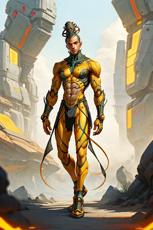 Full-body shot of Viika: A sleek, yellow-orange skinned cyborg stands confidently, Hindu-inspired clothing flowing around his slender yet athletic physique. Ancient technology etches lines and grooves into his skin like intricate circuitry. His eyes, two gleaming robot orbs, seem to hum with digital energy. A subtle smile plays on his chiseled lips as he wears no shoes, his yellow-orange feet a stark contrast to the futuristic accessories adorning his body.,KyosykeRV