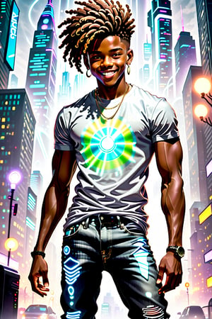 Against a misty cityscape at dusk, a smiling suave young black teen boy, approximately 18 years old, and muscular toned stands confidently and strong on a disc of light crafted from shimmering light. His sleek, futuristic graphics T-shirt and dark gray jeans accentuate his urban charm.  radiates from his features as magical energy pulses through his body, casting a warm glow on his very low-cut brown hair. Fierce, cool shoes complete the futuristic ensemble.