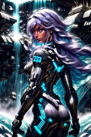  full-body shot of a stunning 23-year-old Korean woman, radiant in her superhero attire, posing confidently at a dimly lit spaceship. Her expression illuminates the space as she gazes directly into the camera lens. hair made of light flows like a waterfall down her back, framing her very beautiful face. The lighting is cinematic, casting dramatic shadows on her physique, clad in an impressive futuristic costume featuring striking combinations of black, purples and whites. The film still captures a moment of strength and allure, as if she's about to spring into action. her eyes glowing bright,Add more detail