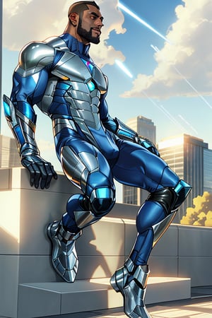Full-body-shot of Davion standing strong, gazing upward into the distance ,He is 5'7", He has a clean shaved face clean shaved illuminated by warm sunlight. The futuristic superhero costume, crafted from carbon-fibers and reflective metals, hugs his physique, showcasing no sleeves and a bold design. The shoes, with gleaming, seamlessly connect to the uniform's legs. As he raises his eyes, a radiant glow emanates from his pupils, firing shafts of white laser light into the sky, as if harnessing celestial energy.