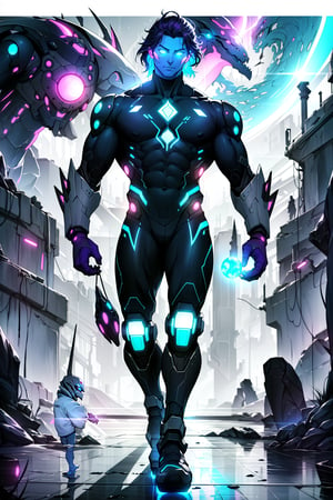 full-body shot of an extraterrestrial warrior floating above a sprawling alien landscape. The subject's gray skin glistens under the eerie violet glow emanating from his eyes. His muscular physique is covered by the tight battle gear with Tron_style glowing light coming out of it, with sleek dark mech, purple and blue-chrome hues that seem to shimmer in harmony with the atmospheric energy. In his left hand, he holds an orb of power, its luminescence casting an otherworldly glow on the surrounding terrain. The chest shield's metallic sheen catches the light, as if infused with the same energy as the warrior's eyes. No shoes adorn his feet, allowing him to hover effortlessly above the massive, ancient alien structure that rises from the ground like a monolith.