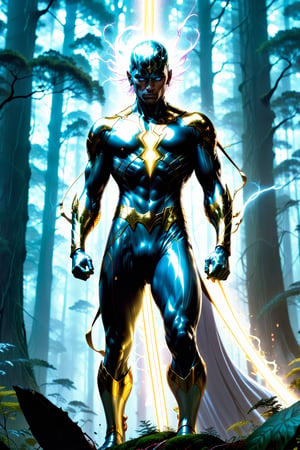 A dramatic full-body shot captures silver surfer Man standing at 6' tall, clad in a sleek form fitting futuristic battle suite blending black, gold, and white hues. He holds two radiant swords that pulse with energy, light, and electricity, as if channeling the power of the forest. The camera frames him amidst a dark, misty forest backdrop, where blood-soaked tree trunks eerily glow to match the swords' luminescence. fire in back drop