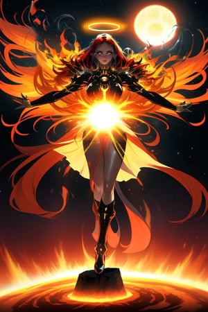 Full-body portrait of Aurora suspended above an apocalyptic planet in the throes of catastrophic explosion. Her ethereal form radiates cosmic energy, her entire body aglow with an otherworldly glow. Eyes blazing with hot intensity and glowing orange luminescence, they pierce through the chaotic background like beacons of hope. Long, flowing  firey red locks composed of divine energy of fire cascade down her back like a fiery halo, entwining her figure in a mesmerizing dance. The very aura surrounding her burns as bright as the sun, an unstoppable force that defies gravity and draws all attention. Chrome_skin