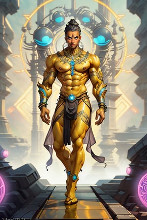 Viika stands tall in a full-body shot, sleek and confident. His yellow-orange skin glistens with intricate circuitry-like etchings of ancient technology. Hindu-inspired clothing flows around his athletic physique, accentuating his toned muscles. Two gleaming robot orbs serve as eyes, humming with digital energy. A subtle smile plays on his chiseled lips, a stark contrast to the futuristic accessories adorning his body. His feet, a warm yellow-orange hue, stand bare and grounded amidst the modern trappings.,blue eyes
