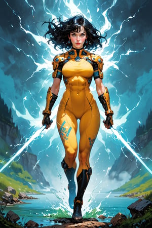 Solo Energetic Moment: A full-body shot of Trisha as she is floating above a lake vortex of yellowish-blue energy. Her toned physique gleams under the soft, golden lighting as she smiles radiates with joy, her smile illuminating the scene. black hair with white highlights. Her sleek, fitted yellow attire hugs her slender figure, futuristic shoulder guards on her shoulders exude power, accentuating her athletic build and effortless pose. score_7 up, score_8 up, score_9 up full_body shot