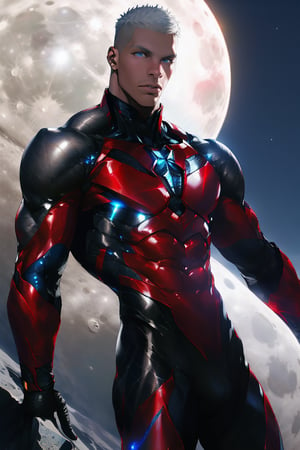 Echelon stands 6', his full-body shot exuding confidence as he floats amidst the moon's luminescent glow. His silver skin glistens like polished steel, paired with a close-shaved haircut. His piercing white eyes burn bright, focused on the starlight in his hand. A sleek, form-fitting suit encases him, featuring a gradient of red, dark blue, and silver chrome metal accents, with carbon fiber texture adding depth to the darker hues. As he levitates amidst the lunar atmosphere, the star's gentle power emanates from his outstretched palm.