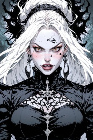 A female creature of the night looms sexy in the shadows, Her pale pink and white skin frame with an air of malevolent intent. The camera captures her in a full-body shot , the evil woman like creature haunting yellow eyes gaze piercing through the forest darkness.Very long white hair, black lips.Claws sharp finger-nails. Her very presence seems to exude an dark evil aura, radiating an aura.wearing a black and orange sleek dress,Fantasy Add more detail,hunger,newhorrorfantasy_style, pail  white skin, black lipstick, score-9 