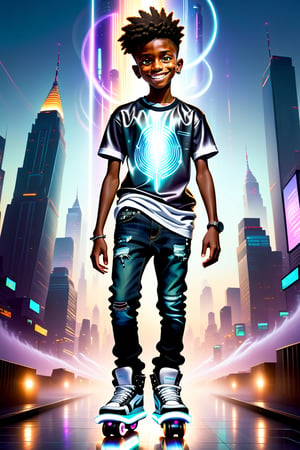 Against a misty cityscape at dusk, a smiling suave young black boy, approximately 15 years old, stands confidently and strong on a hover-board crafted from shimmering light. His sleek, futuristic graphics T-shirt and dark jeans accentuate his urban charm. older Adolescence radiates from his features as magical energy pulses through his hands, casting a warm glow on his very low-cut. Fierce, cool shoes complete the futuristic ensemble.