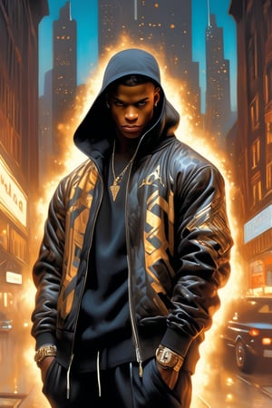 , art by J.C. Leyendecker, a masterpiece,, hyper-realistic oil painting, vibrant colors, dark chiar((Full_ body shot)) Against a misty cityscape at dusk, a suave young black man, approximately 19 years old, stands confidently and strong on a hover crafted on the street. His sleek, futuristic graphics hoodie and dark black jeans accentuate his urban charm. Power radiates from his features as dark energy pulses through his body, casting a cool glow on his frame. low buzz cut close to head for black male. futuristic Jordan shoes complete the futuristic ensemble. score_9, score_8_up, score_7_up, BBM ascuro lighting, 8, ,digital artwork by Beksinski,  