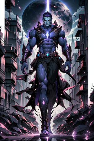 full-body shot of an extraterrestrial warrior floating above a sprawling alien landscape. The subject's gray skin and bald head glistens under the eerie violet glow emanating from his eyes. His muscular physique is accentuated by the tight custom attire, with dark maroon, purple and blue-chrome hues that seem to shimmer in harmony with the atmospheric energy. In his left hand, he holds an orb of power, its luminescence casting an otherworldly glow on the surrounding terrain. The chest shield's metallic sheen catches the light, as if infused with the same energy as the warrior's eyes. No shoes adorn his feet, allowing him to hover effortlessly above the massive, ancient alien structure that rises from the ground like a monolith.