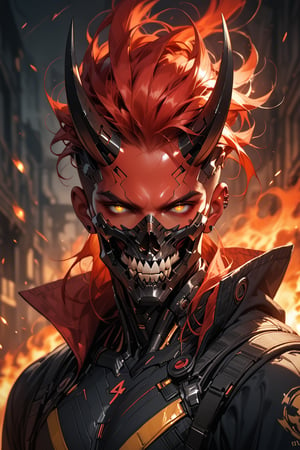 full-body shot (score_9, score_8_up), score_7_up, 1 red skinned man, black half mask covering mouth, industrial theme, wearing a White and yellow futuristic battle suit, spikes, teeth, solo, cyberpunk, ivory horns on head, fire hair glowing, floating hair up, skull, shiny, cowl on fire attached to black royal cape,
Depth of field, blurring background, cinematic lighting show casing fit body
