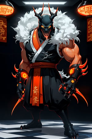 Up-roar, the orange fur covered body face, stands poised in attack mode within a sleek, high-tech Japanese-style room. The walls, adorned with neon lights, reflect off his gleaming yellow eyes, which seem to pierce through the darkness. His shaolin-inspired attire, complete with razor-sharp claws, appears almost otherworldly against the blue marble floor that glistens like a fusion of traditional and futuristic elements. orange fur body musclar body more of a human face