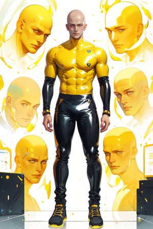 .,masterpiece, 1_male (full body shot).,best quality. score_9_up score_8_up score_7_up,BBM a YELLOW skinned humanoid being, gazing intensely with electric gray eyes that seem to pulse with energy. His glossy, YELLOW complexion gleams in the light, accentuating his toned physique and defined abs. He wears futuristic latex pants adorned with silver metals that reflect the illumination, drawing attention to his sleek, bald head. The yellow design covering most of his face appears like a dynamic shield, radiating an aura of superhuman strength.