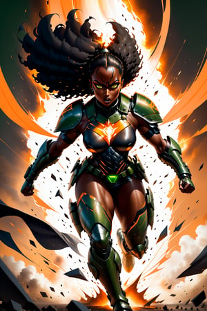 A powerful black female charges forward, her full-bodied figure radiating confidence. Her rich, dark brown skin glistens under the warm light of a explosive backdrop, where black and orange battle shoulder pads seem to absorb the intensity around her. Orange glowing lines etch across her military armor, pulsing with an otherworldly energy. Her piercing green eyes burn with a fierce determination as she runs forward, cape flowing behind her like a dark storm cloud. Woman-power blast surges through her as she builds momentum, ready to unleash her full fury upon the world.,Eyes, black woman