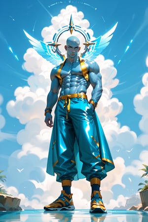 .,masterpiece, 1_male (full body shot).,best quality. score_9_up score_8_up score_7_up,BBM a sky-blue skinned humanoid being, gazing intensely with electric gray eyes that seem to pulse with energy. His glossy, sky-blue complexion gleams in the light, accentuating his toned physique and defined abs. He wears futuristic latex pants adorned with silver metals that reflect the illumination, drawing attention to his sleek, bald head. The yellow design covering most of his face appears like a dynamic shield, radiating an aura of superhuman strength.