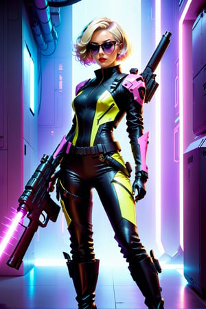 Miss Lead, the assassin, poses confidently in a full-body shot. She gazes directly at the viewer with her mouth slightly opened, hinting at a sly smirk. Her short hair is styled with black and blonde highlights and sides shaved, and her facial features are illuminated by a soft glow. A black futuristic body suit covers her athletic physique, adorned with shades of pink accents that match the lavender jacket draped over her shoulders. The jacket's multiple zippers and straps add to its sleek design. In each hand, she grasps futuristic guns with glowing enchantments etched onto their surfaces. Two small cyber guns are strapped to her thighs, while knives protrude from the heels of her dark lavender boots featuring black accents. On her back, a large power gun is secured, and the barrels of the handheld weapons glow with neon yellow light.