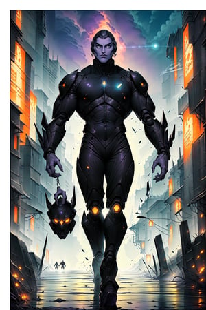full-body shot of an extraterrestrial warrior floating above a sprawling alien landscape. The subject's gray futuristic face mask with orange glowing lights shining under the eerie violet glow emanating from his eye visor. His muscular physique is covered by the tight battle mech gear with Tron_style glowing lights through-out the suit, with sleek dark chrome mech-gear, purple and blue-chrome hues that seem to shimmer in contrast to the atmospheric energy. In his left hand, he holds an orb of super power, its luminescence casting an otherworldly glow on the surrounding terrain. The chest shield's metallic sheen catches the light, as if infused with the same energy as the warrior's eyes. allowing him to hover effortlessly above the massive, futuristic alien structure that rises from the ground like a monolith.