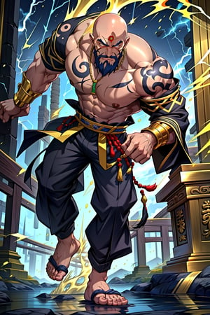 Grand Master Keshinsu stands 5'6", camera angle framing him from above, gazing downward in awe. His bald head and long white beard exude wisdom, while intense eyes radiate power. Muscular physique, shirtless, showcases rippled abs, Asian features conveying cultural discipline. Futuristic Shaolin-style pants, gold and bronze metal accents, adorn his lower half, sans shoes. Surrounding him, golden light, sparks of blue lightning energy swirl around his feet, entwining his white beard and scars, as if channeling ancient wisdom, Akatsuki's fiery essence, Wuwa's sacred power.,Add more detail,