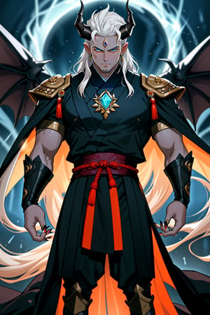 Dragon Lord Up-Roar stands majestically, his pitch black skin glistening in the soft, warm lighting. His glowing orange horns protrude from his forehead, framing his chiseled features. His crystal-colored eyes shimmer like precious stones, radiating an aura of power. Long flowing white hair cascades down his back, a stark contrast to his dark complexion. Sharp finger-nails gleam in the light with dazzling rings on his fingers as he strikes a pose, his, fit physique clad covered in a sleek, amazing futuristic Japanese-inspired emperor's garb. The camera captures him from head to toe, exuding regality and sexuality in this full-body shot.,best quality