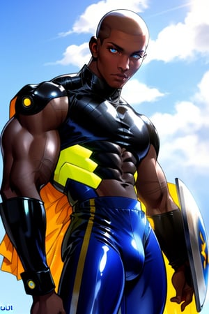 Close-up shot of Opulu Akan, a sky-blue skinned humanoid being, gazing intensely with electric gray eyes that seem to pulse with energy. His glossy, sky-blue complexion gleams in the light, accentuating his toned physique and defined abs. He wears futuristic latex pants adorned with silver metals that reflect the illumination, drawing attention to his sleek, bald head. The yellow design covering most of his face appears like a dynamic shield, radiating an aura of superhuman strength.