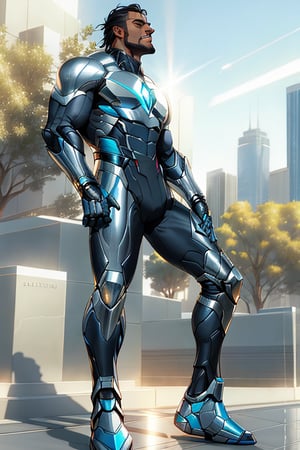 Full-body-shot of Davion standing strong, gazing upward into the distance ,He is 5'7", his dark-skin black-mailed face illuminated by warm sunlight. The futuristic superhero costume, crafted from carbon-fibers and reflective metals, hugs his physique, showcasing no sleeves and a bold design. The shoes, with gleaming, seamlessly connect to the uniform's legs. As he raises his eyes, a radiant glow emanates from his pupils, firing shafts of white laser light into the sky, as if harnessing celestial energy.