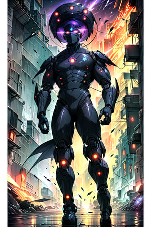 full-body shot of an extraterrestrial warrior floating above a sprawling alien landscape. The subject's gray futuristic face mask with orange glowing lights shining under the eerie violet glow emanating from his eye visor. His muscular physique is covered by the tight battle mech gear with Tron_style glowing lights through-out the suit, with sleek dark chrome mech-gear, purple and blue-chrome hues that seem to shimmer in contrast to the atmospheric energy. In his left hand, he holds an orb of super power, its luminescence casting an otherworldly glow on the surrounding terrain. The chest shield's metallic sheen catches the light, as if infused with the same energy as the warrior's eyes. allowing him to hover effortlessly above the massive, futuristic alien structure that rises from the ground like a monolith.