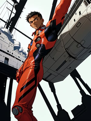 A close-up shot of a boy with striking features: jet-black hair cut low with a sleek fade, warm brown skin, and piercing brown eyes. He's dressed in an Evangelion-inspired jumpsuit, its dark hue accentuating his bold posture. As he kicks at the camera with a hint of defiance, his surroundings shift to reveal a spaceship's metallic interior, dimly lit by faint blue hues. The contrast between his tan skin and the ship's dark steel creates a striking visual tension.