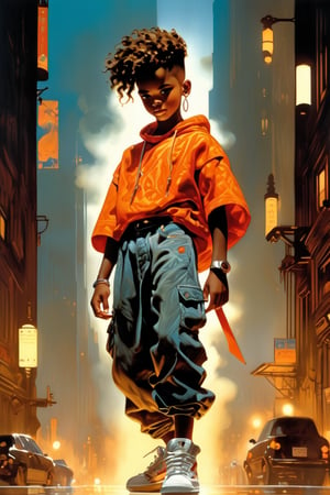 art by J.C. Leyendecker, a masterpiece,, hyper-realistic oil painting, vibrant colors, dark chiar((Full_ body shot))  Against a misty cityscape at dusk, a softly smiling young black boy, approximately 15 years old, stands confidently and strong on a hover-board crafted from shimmering light. His sleek, futuristic graphics T-shirt and dark jeans accentuate his urban charm. Older Adolescence radiates from his features as magical energy pulses through his hands, casting a warm glow on his very low-cut. Fierce, cool shoes complete the futuristic ensemble.
score_9, score_8_up, score_7_up, ascuro lighting, 8, ,digital artwork by Beksinski,  