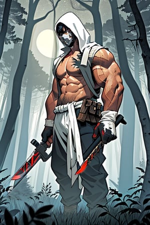 A figure emerges from the darkness of the eerie woods, a man donning an off-white mask with visible damage, his hand gripping a menacing weapons the knives edges sparkle with an intense gold and white light. His dark-tanned complexion appears muscular in the faint moonlight that filters through the treetops. Standing upright, he surveys his surroundings with an air of unease, as if anticipating the unknown terrors that lurk within the treeline.