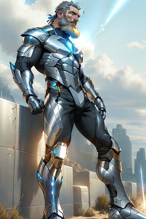  A beardles warrior standing strong, gazing upward into the distance ,He is 5'7", He has no hair on his face, illuminated by warm sunlight. The futuristic superhero costume, crafted from carbon-fibers and reflective metals, hugs his physique, showcasing no sleeves and a bold design. The shoes, with gleaming, seamlessly connect to the uniform's legs. As he raises his eyes, a radiant glow emanates from his pupils, firing shafts of white laser light into the sky, as if harnessing celestial energy. no_beard