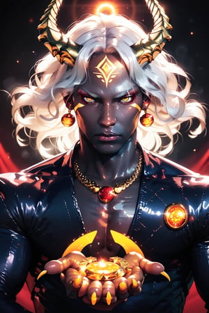 .,masterpiece, 1_male full body shot. Dragon Lord Up-Roar stands majestically, his pitch dark black skin glistening in the soft, warm lighting. His glowing orange at the tip of his horns protrude from his forehead, framing his chiseled features. His orange-colored eyes shimmer like precious orange stones, radiating an aura of power. Long flowing white hair cascades down his back, a stark contrast to his dark complexion. Sharp finger-nails gleam in the light with dazzling rings on his fingers as he strikes a pose, his fit physique clad covered in a sleek, amazing futuristic Japanese-inspired emperor's garb. The camera captures him from head to toe, exuding regality and sexuality in this full-body shot.,best quality. score_9_up score_8_up score_7_up,BBM