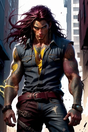 1_man full body shot of Valcun standing tall and powerful as dark energy coursing through his blackened arm crackles with bright light. His long, burgundy hair cascades over his face, yet his piercing yellow eyes gleam amidst the tangles. A torn tan shirt reveals toned grayish skin beneath, adorned with tattoos and the curves of his pointy ears. White and blue jeans are emblazoned with, straps, and zippers, while dark brown boots feature two prominent straps. Valcun's face contorts in a snarl, his expression a perfect blend of delight and fury, set against the gritty urban backdrop.