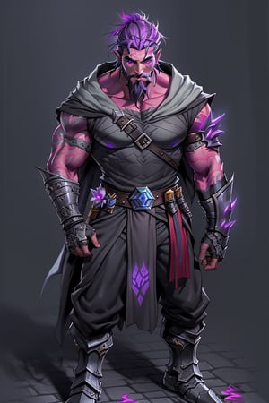 Bine is a Mystical powered red_skined man. He stands facing Left. He has a very faded all around hair-cut barely visible. his irises aglow purple the rest is black. he has a masculine face with beard stuble. ears pointy like an elf. He wears a one arm guard on his left arm with glowing engravings on it. He is slim but extremely fit. he wears a dark gray hooded cloak that just covers his shoulders exposing his well built frame. his belt matches his arm guard. his pant are sleek fit.  wearing armored shoes. glowing gold stone on the ground