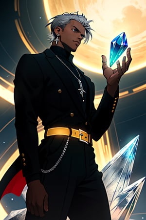 A dramatic shot of a suave Black_Male standing confidently against a bright, sleek backdrop. He's dressed in all black attire, accentuated by a shining silver belt and neckalace and ear rings. In his hand, he grasps a glowing power crystal that seems to defy gravity, hovering inches from his palm. The soft glow of the crystal casts an otherworldly light on his chiseled features, emphasizing his mysterious aura.