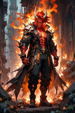 a full-body shot stands tall (score_9, score_8_up), score_7_up, 1 red skinned man, muscular, industrial theme, glowing yellow eyes, White and yellow futuristic battle suit, spikes, teeth, solo, cyberpunk, ivory horns, fire hair, floating fire hair, skull, shiny, orange cowl on  attached to black royal cape,
Depth of field, blurring background, cinematic lighting, full_body
