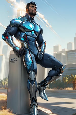 Full-body-shot of Davion standing strong, gazing upward into the distance ,He is 5'7", his dark-skin black-mailed face clean shaved illuminated by warm sunlight. The futuristic superhero costume, crafted from carbon-fibers and reflective metals, hugs his physique, showcasing no sleeves and a bold design. The shoes, with gleaming, seamlessly connect to the uniform's legs. As he raises his eyes, a radiant glow emanates from his pupils, firing shafts of white laser light into the sky, as if harnessing celestial energy.