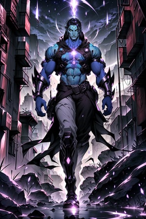 full-body shot of an extraterrestrial warrior floating above a sprawling alien landscape. The subject's gray skin glistens under the eerie violet glow emanating from his eyes. His muscular physique is accentuated by the tight battle gear with Tron_style glowing light coming out of it, with dark maroon, purple and blue-chrome hues that seem to shimmer in harmony with the atmospheric energy. In his left hand, he holds an orb of power, its luminescence casting an otherworldly glow on the surrounding terrain. The chest shield's metallic sheen catches the light, as if infused with the same energy as the warrior's eyes. No shoes adorn his feet, allowing him to hover effortlessly above the massive, ancient alien structure that rises from the ground like a monolith.