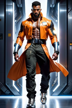 Against a backdrop of hovering spacecraft, a powerful 25-year-old black muscular male stands tall, radiating strength. His low buzz-cut head is adorned with silver earrings. A sharp full beard frames his chiseled features. He wears a short sleek orange jacket with metallic zippers and straps, one sleeve rolled up to reveal a glowing arm. A form-fitting light yellow sleek shirt with glow on the front of shirt hugs his torso, belts on his waist. Black futuristic pants mirror the coat's design. Glowing white urban shoes on his feet complete the urban-chic ensemble as he stands in an action pose, exuding confidence.