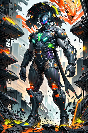 full-body shot of an extraterrestrial warrior  above a sprawling alien landscape. The subject's dark-black futuristic face mask with orange and yellow glowing lights shining under the eerie violet glow emanating from his eye visor. His muscular physique is covered by the tight black ultra futuristic battle mech suit with Tron_style glowing lights all over the suit, with sleek dark_black chrome metal shines the black mech-gear. the suit's colors are black, purple, and blue-chrome hues that seem to shimmer in contrast to the atmospheric energy. super power lights on suit its luminescence casting an otherworldly glow on the surrounding terrain. The chest shield's metallic black sheen aglow, as if infused with the same energy as the warrior's eyes. allowing him to hover effortlessly above the massive, futuristic alien structure that rises from the ground like a monolith. black_suit