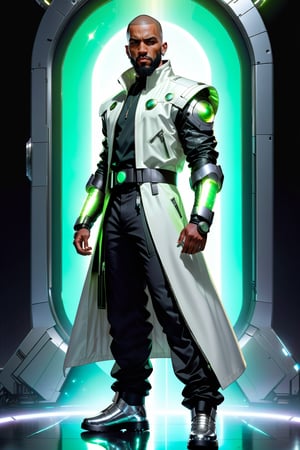 Against a backdrop of hovering spacecraft, a powerful 25-year-old black male stands tall, radiating strength. His shaved buzz-cut head is adorned with silver earrings. A sharp full beard frames his chiseled features. He wears a sleek white coat with metallic zippers and straps, one sleeve rolled up to reveal a glowing magical arm. A form-fitting light green with BRAWLERS BLITZ on the front of shirt hugs his torso, belted at the waist. Black futuristic pants mirror the coat's design. Glowing shoes on his feet complete the urban-chic ensemble as he stands in an action pose, exuding confidence.