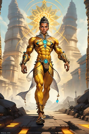 Viika stands tall in a full-body shot, sleek and confident. His yellow-orange skin glistens with intricate circuitry-like etchings of ancient technology. Hindu-inspired clothing flows around his athletic physique, accentuating his toned muscles. Two gleaming robot orbs serve as eyes, humming with digital energy. A subtle smile plays on his chiseled lips, a stark contrast to the futuristic accessories adorning his body. His feet, a warm yellow-orange hue, stand bare and grounded amidst the modern trappings.,blue eyes