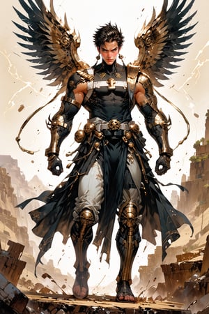 Gold Rush stands confidently in a full-body shot, exuding pride as he wears a sleek, high-tech gold chrome hero suit adorned with small wings on his back. His form-fitting head gaurd, reminiscent of Spartan armor, showcases his striking African facial features. The eyes glow with an otherworldly intensity, hinting at his superhuman powers. Against the backdrop of an epic, futuristic Egyptian landscape, Gold Rush's powerful stance commands attention.,score_9,score_7_up,score_8_up